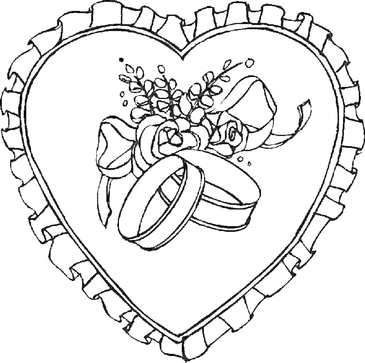 На раскраске изображено: Свадьба, Кружево, Цветы, Обручальные кольца