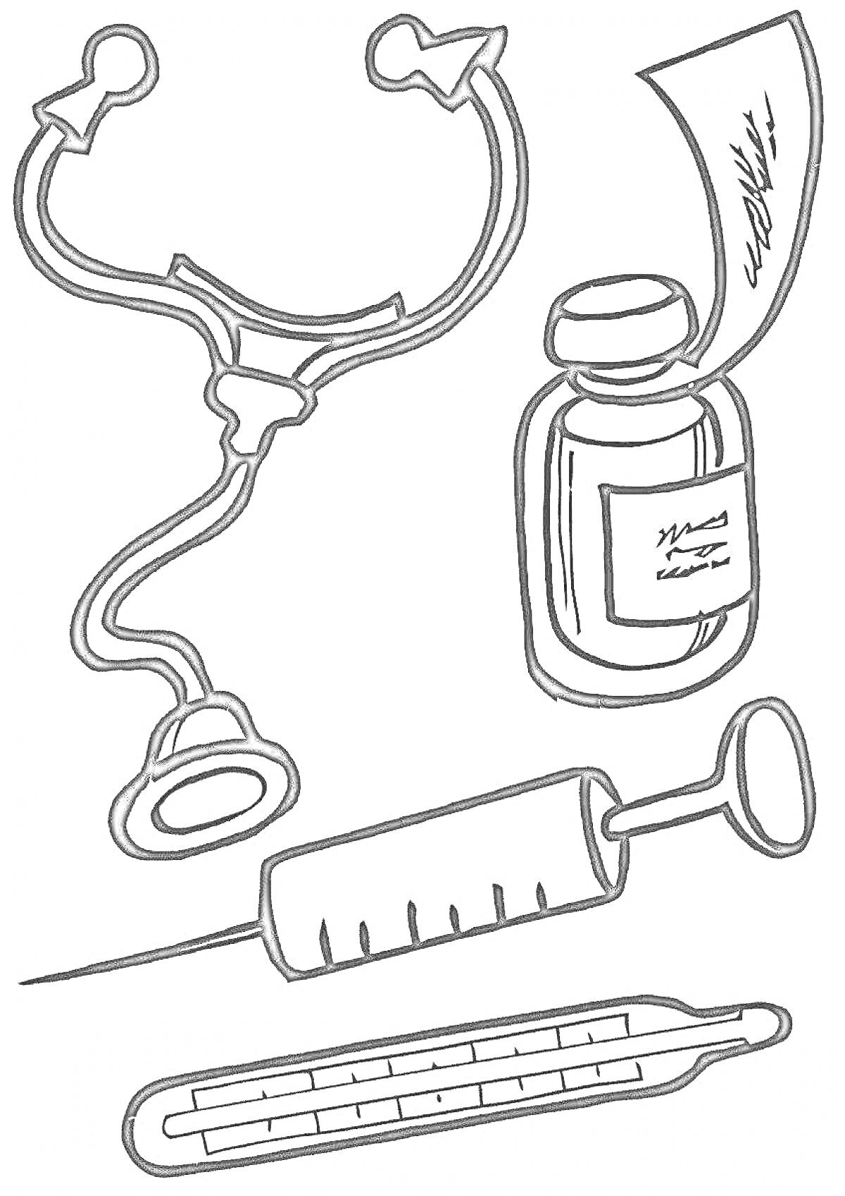 На раскраске изображено: Стетоскоп, Шприц, Термометр, Медицина, Здоровье, Врач