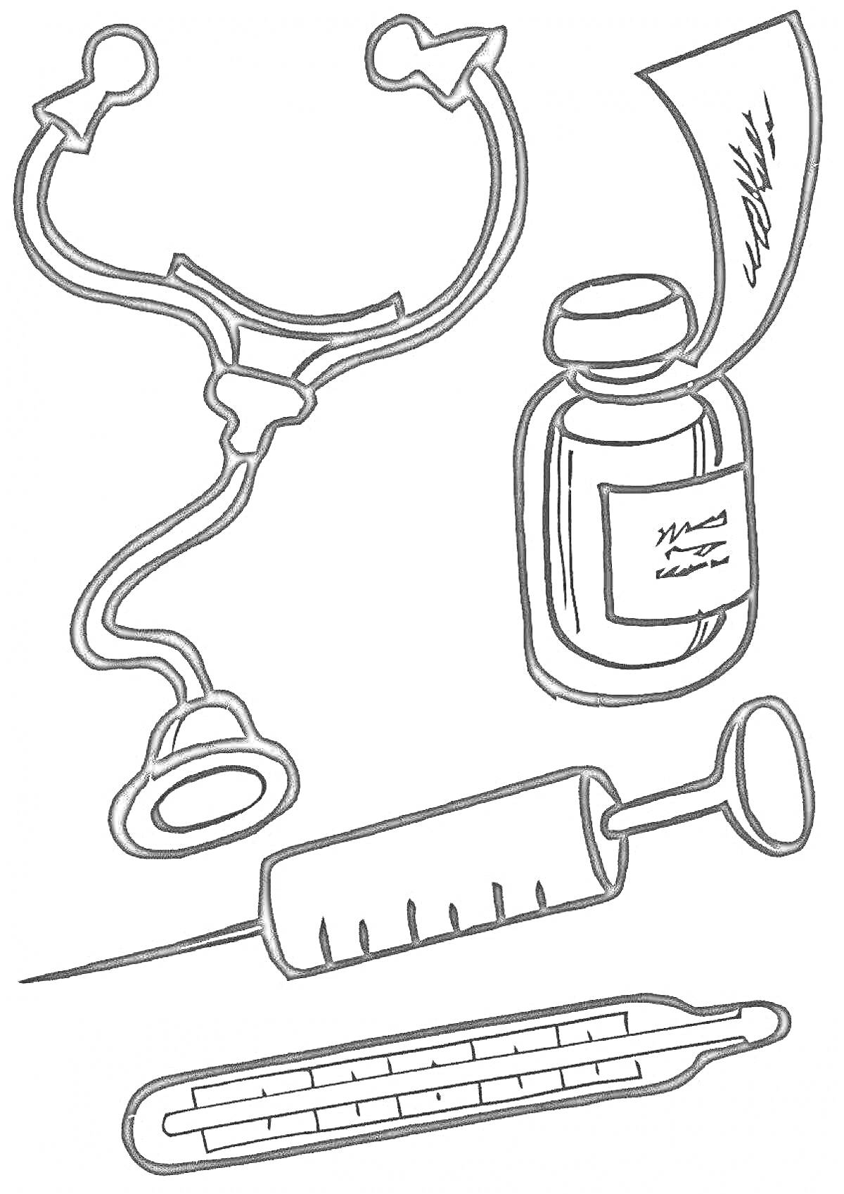 На раскраске изображено: Стетоскоп, Ампула, Лекарство, Шприц, Термометр, Медицина, Медицинские принадлежности, Здоровье, Врач, Диагностика