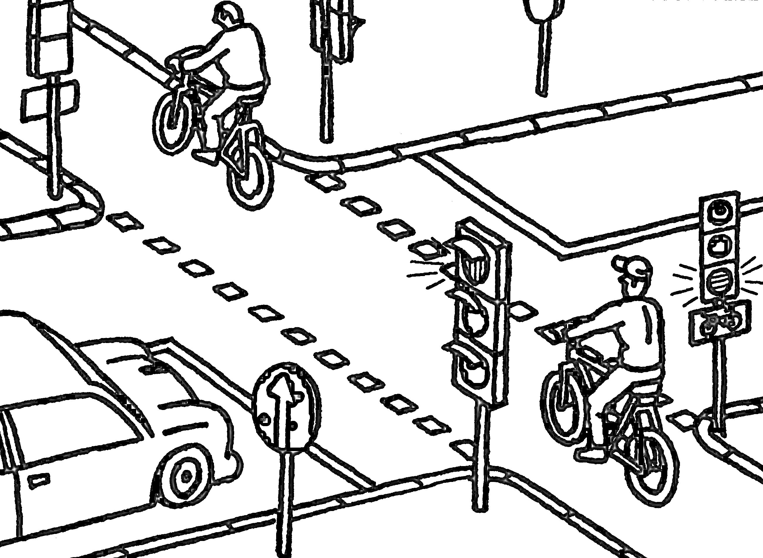 На раскраске изображено: Перекресток, Велосипедисты, Дорожная разметка, Дорожные знаки, Транспорт