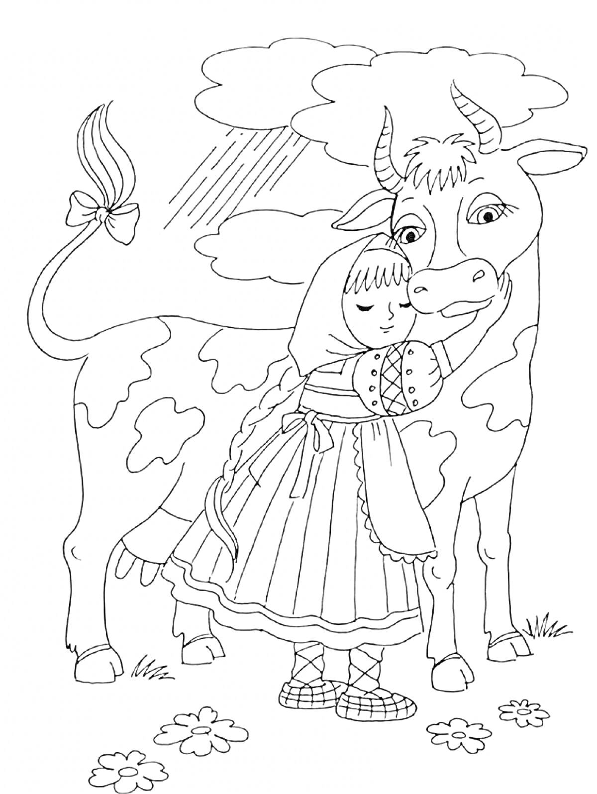 Раскраска Девочка в традиционной одежде с коровой, цветами, облаками и дождем