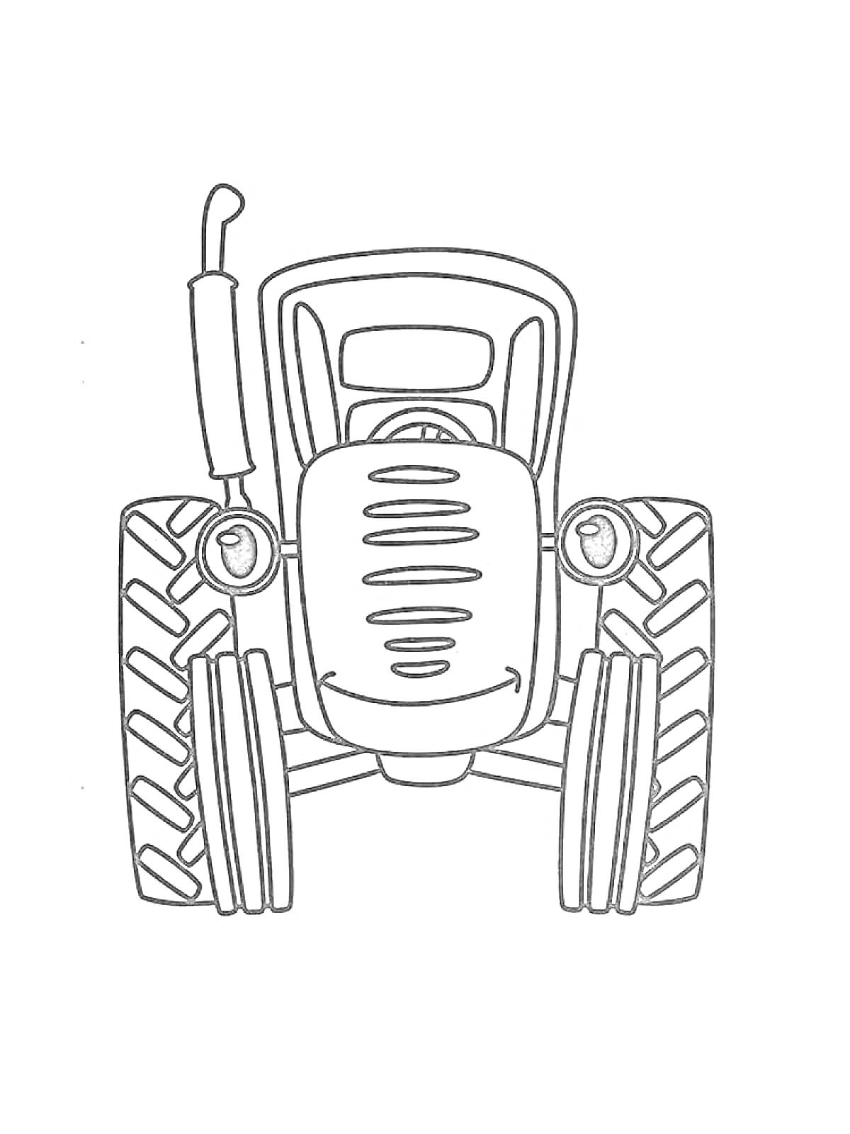 Раскраска Трактор, вид спереди, с большими колесами, фарой и трубой на капоте
