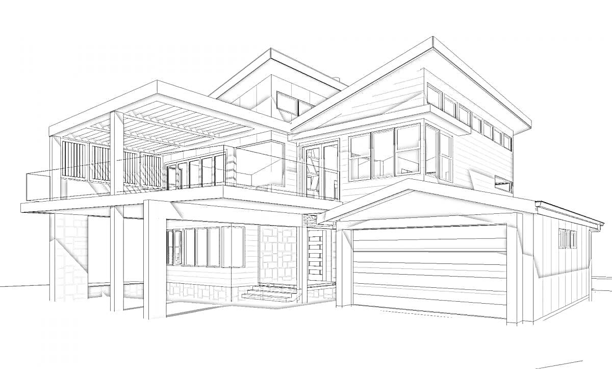 На раскраске изображено: Дом, Терраса, Гараж, Два этажа, Современный дизайн, Архитектура, Окна
