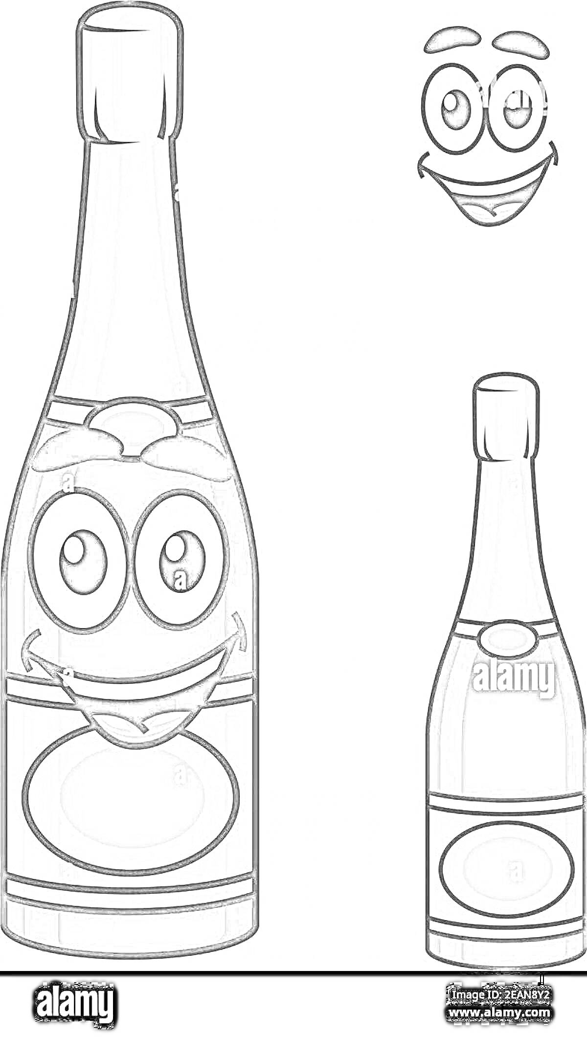 Раскраска Бутылка шампанского с улыбающимся лицом и отдельным изображением улыбающегося лица