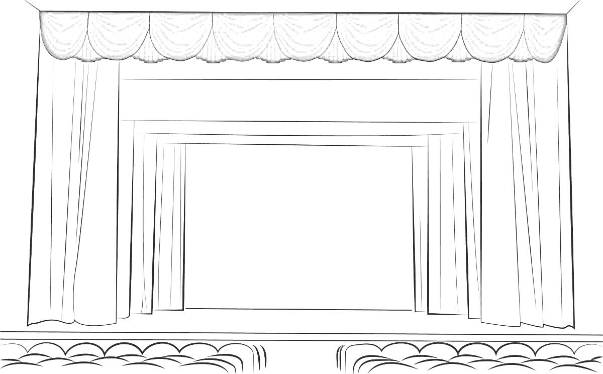 На раскраске изображено: Театр, Занавес, Занавески, Представление, Кресло, Сцены