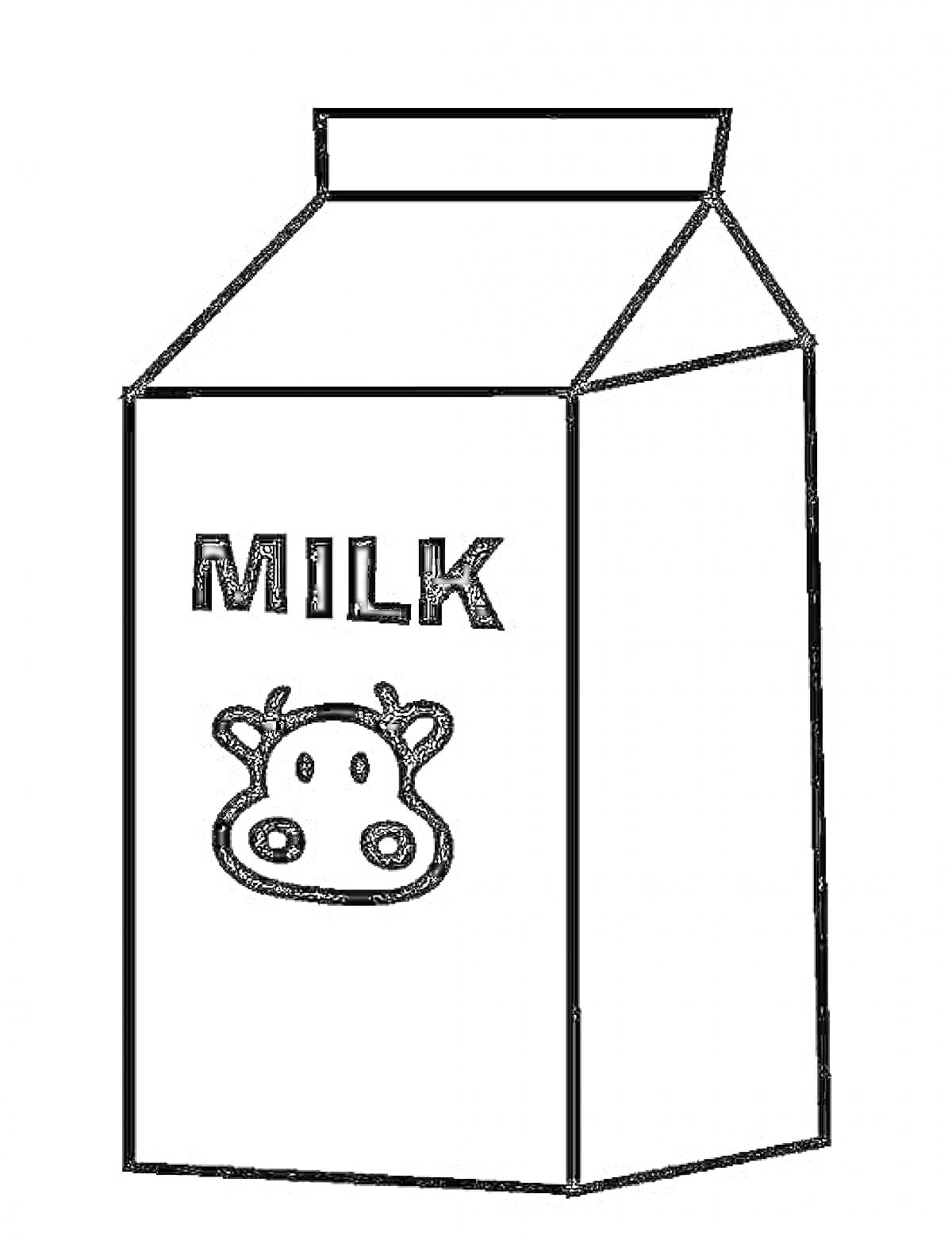 На раскраске изображено: Молоко, Пакет, Корова, Надпись, Упаковка, Напиток, Животное, Продукты