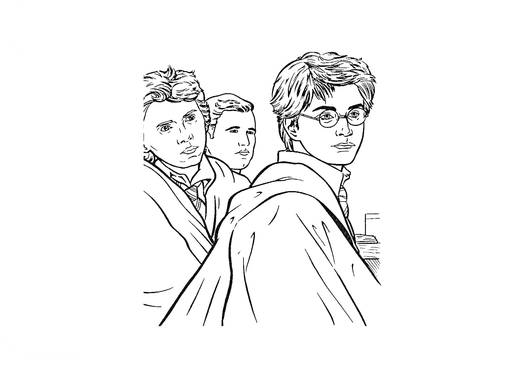 Раскраска Два мужчины и подросток в мантиях, подросток в очках
