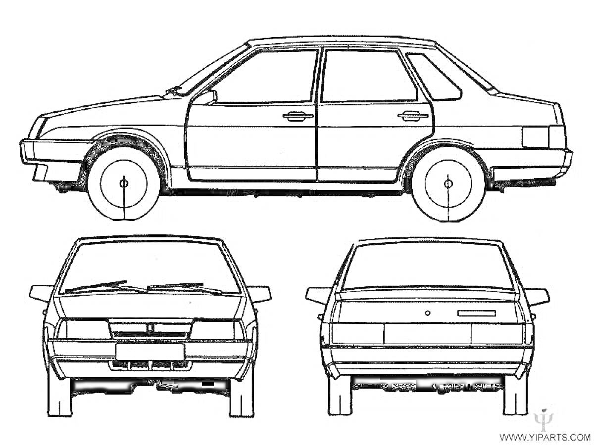 Раскраска ВАЗ 21099 - вид сбоку, спереди и сзади