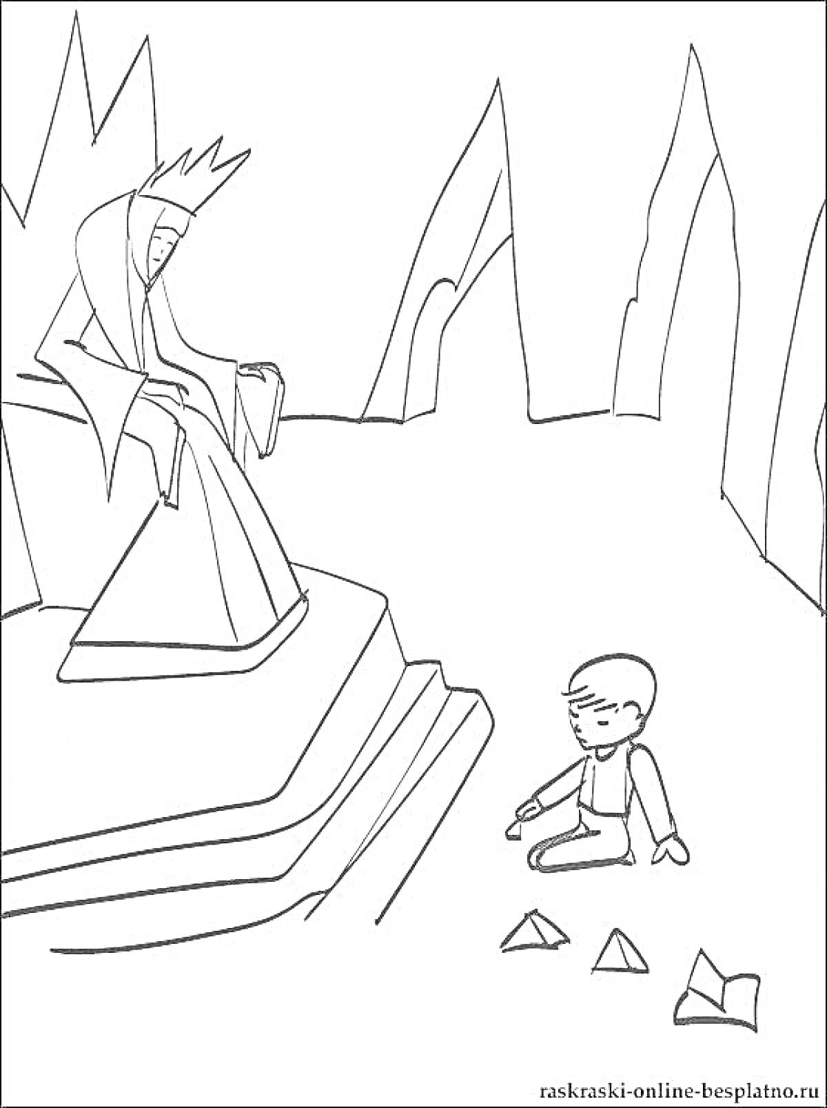 Раскраска Снежная королева на троне и мальчик с оригами