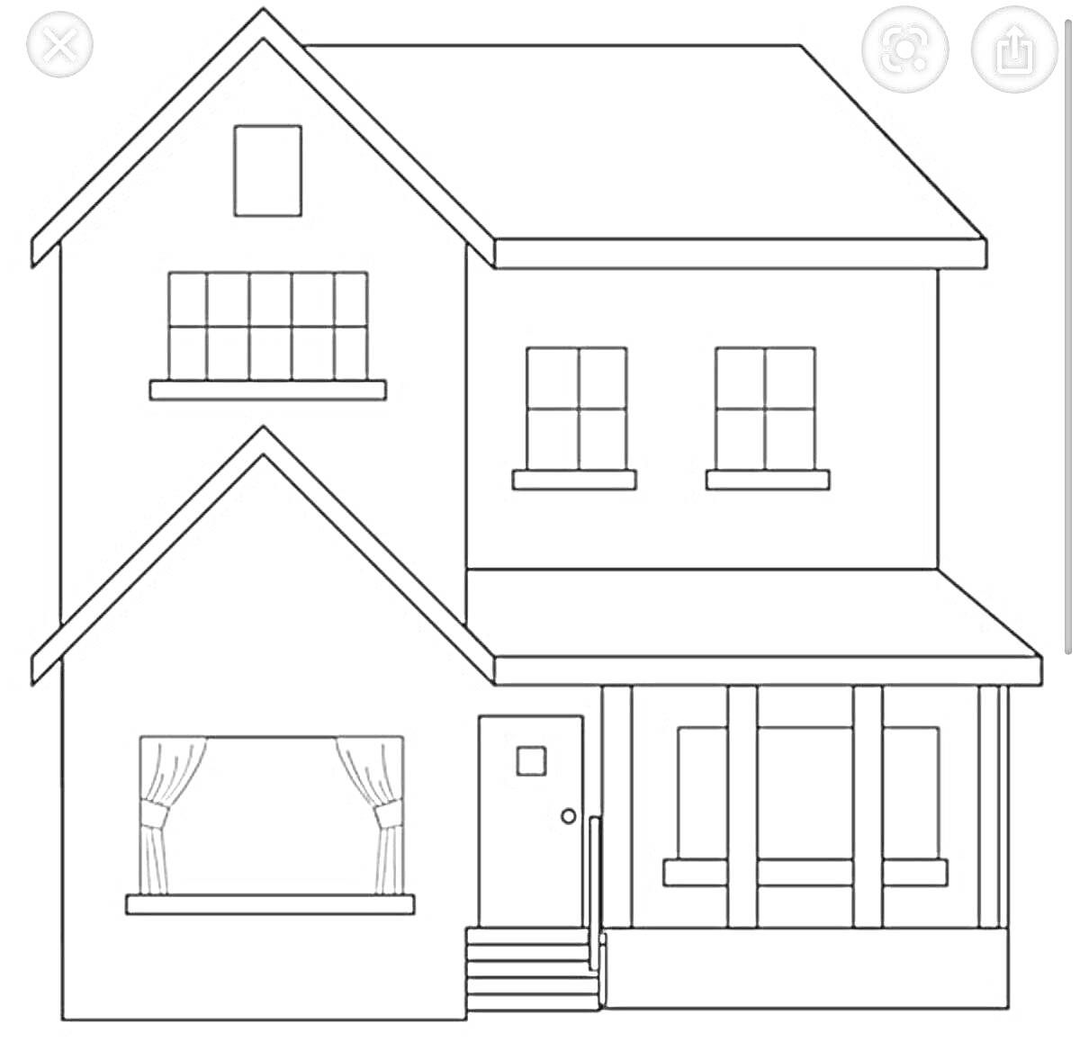 Раскраска Двухэтажный дом с окнами, дверью и порогом