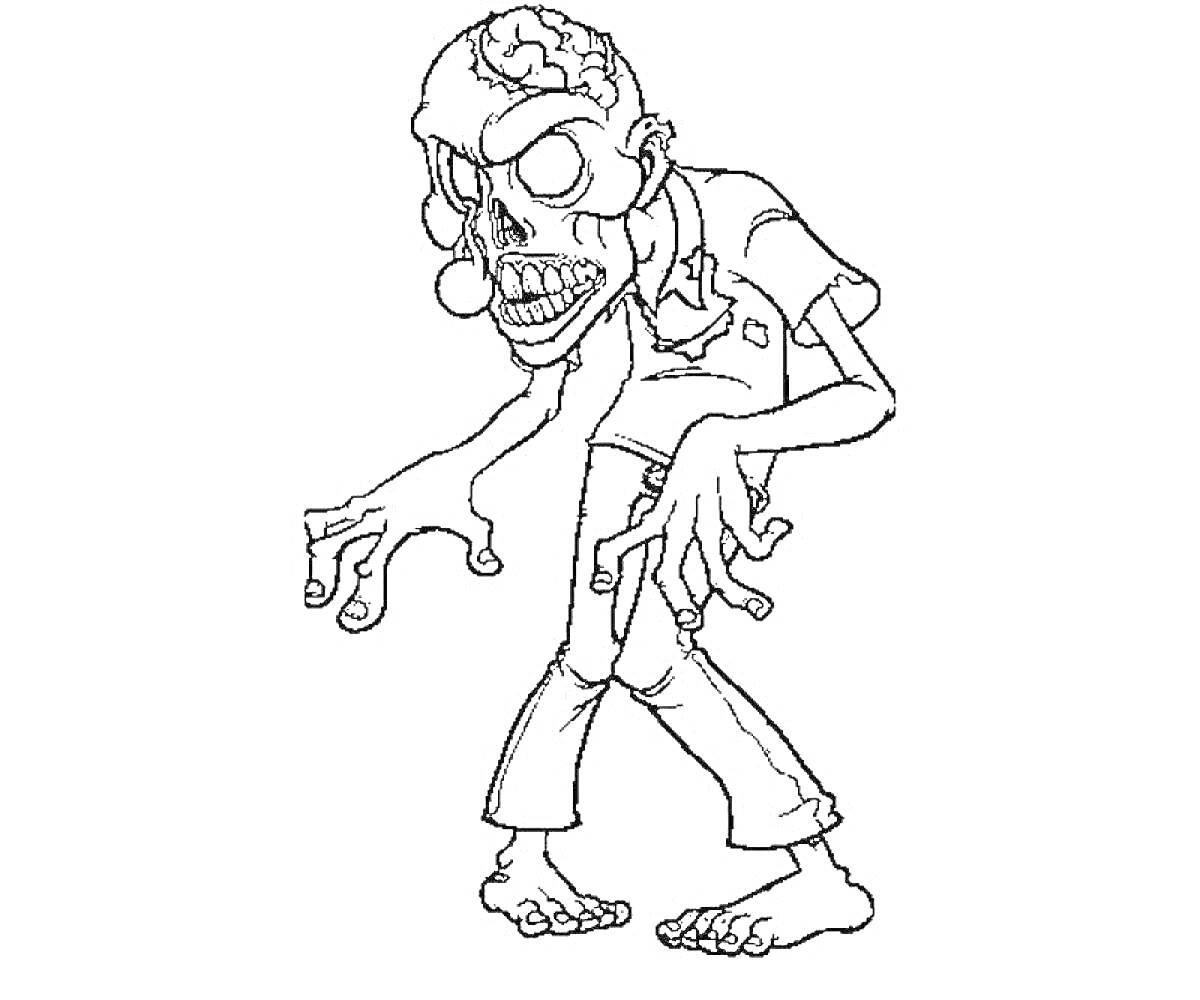 Раскраска Зомби с выпученными глазами, торчащими костями, порванной рубашкой и брючками