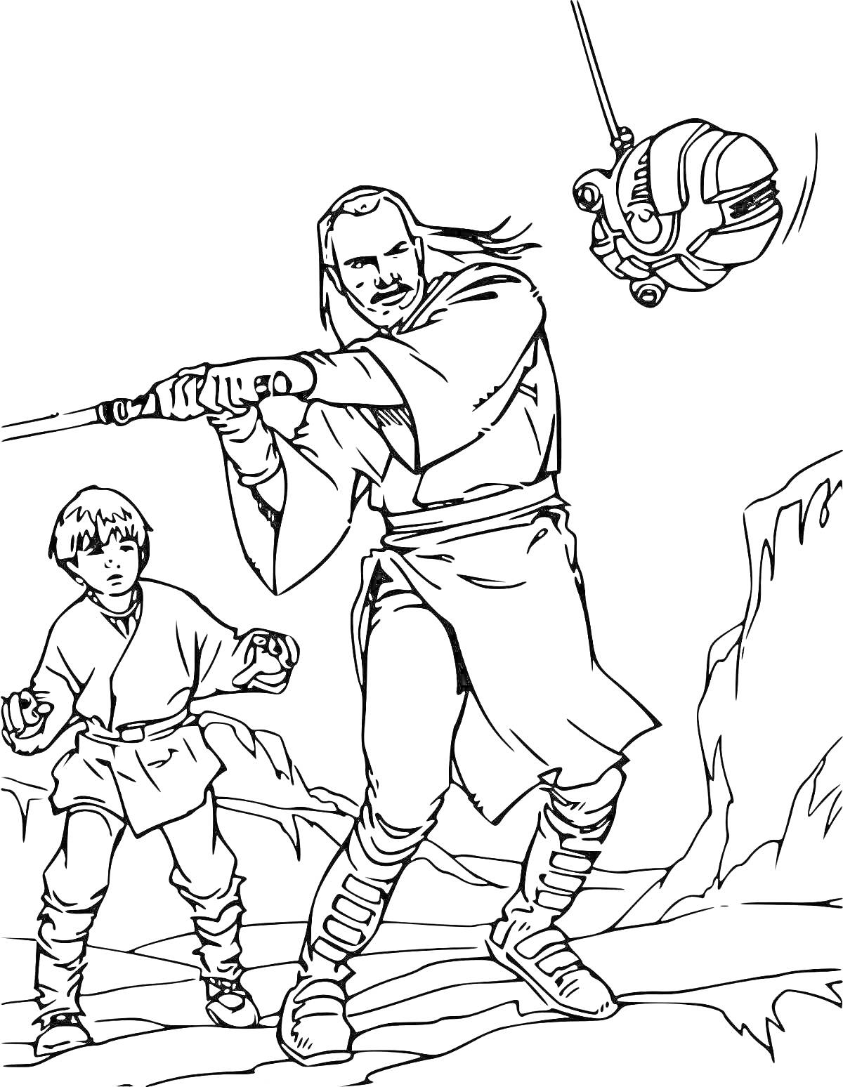 На раскраске изображено: Мальчик, Световой меч, Скалы, Тренировка, Звездные войны
