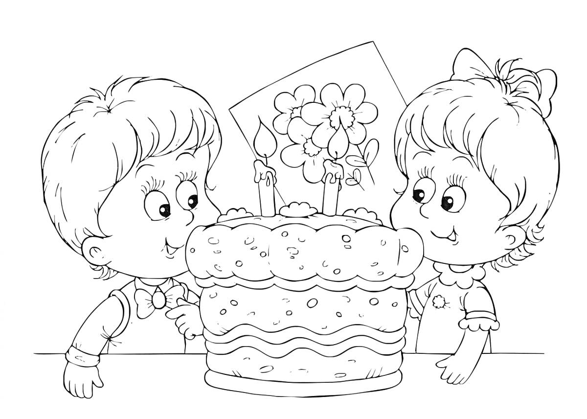 На раскраске изображено: Торт, Свечи, Открытка, Цветы, День рождения, Бабушка