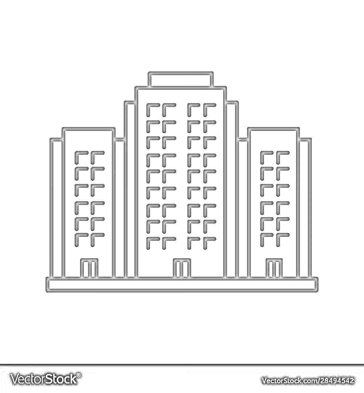 Раскраска Три многоэтажных здания с прямоугольными окнами и дверями