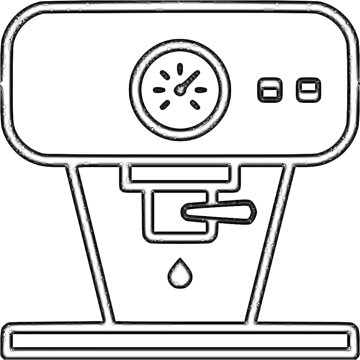 Раскраска кофемашина с манометром, кнопками и потоковой трубкой, капля кофе под трубкой