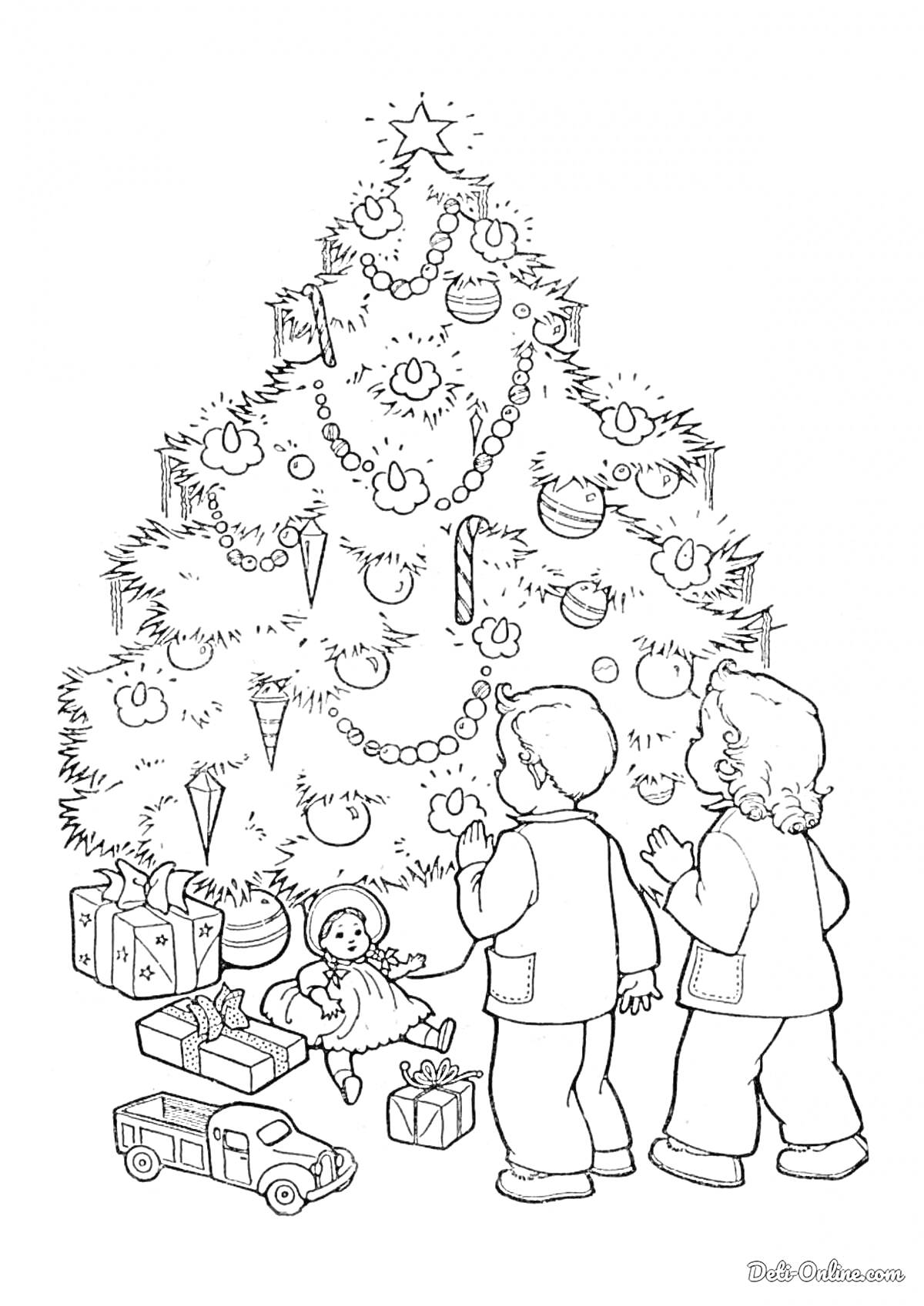Раскраска Новый год: украшенная елка, подарки и дети