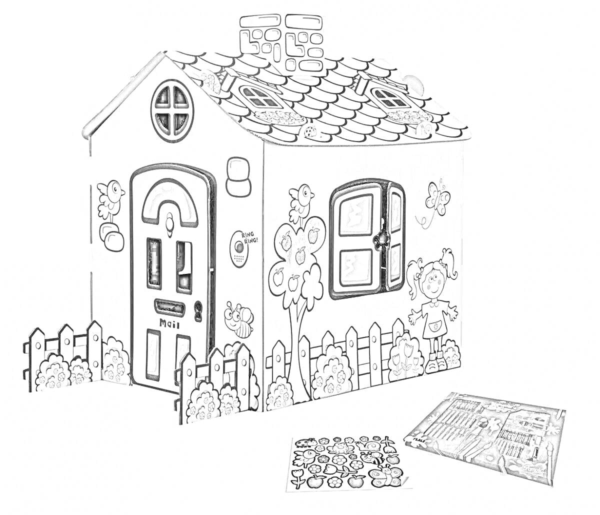На раскраске изображено: Домик, Сад, Цветы, Забор, Крыша, Ставни, Дверь
