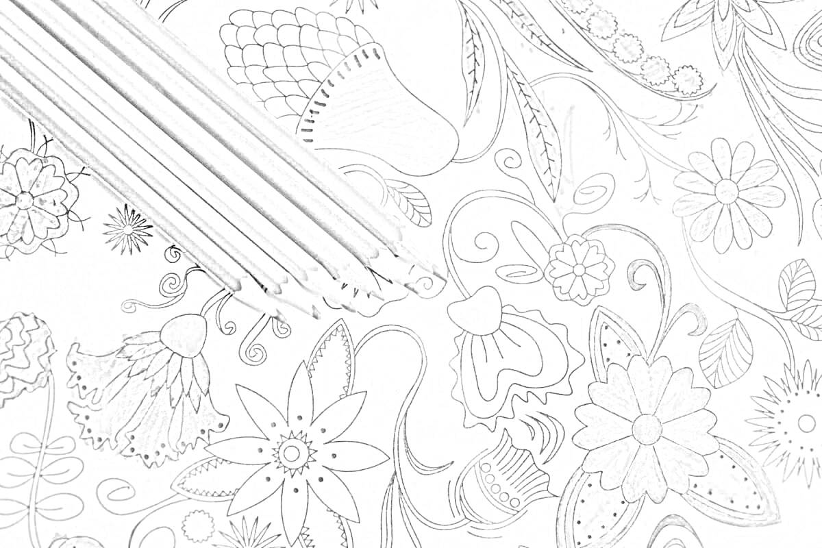 На раскраске изображено: Цветные карандаши, Цветы, Листья, Узоры, Творчество
