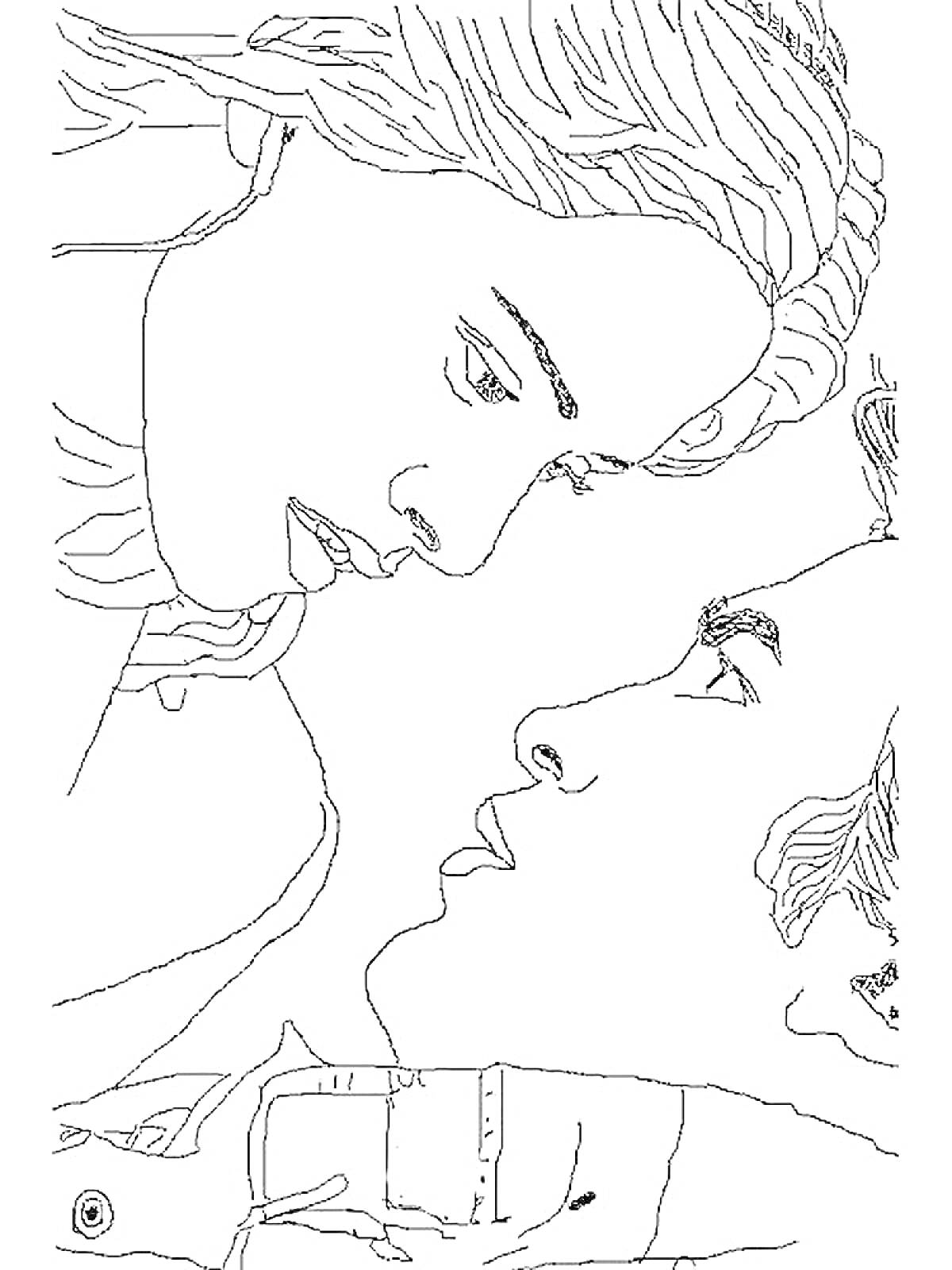 На раскраске изображено: Юноша, Любовь, Романтика, Линии, Пара, Девочка, Портреты