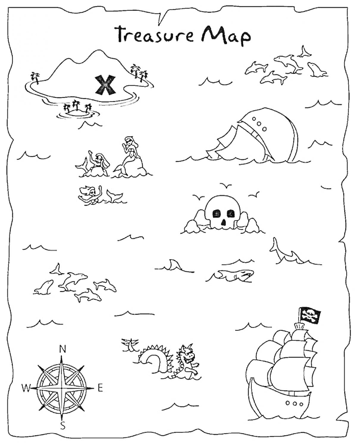 Раскраска Карта сокровищ с островом, пиратским кораблем, сундуком, пиратами, черепом и морским змеем