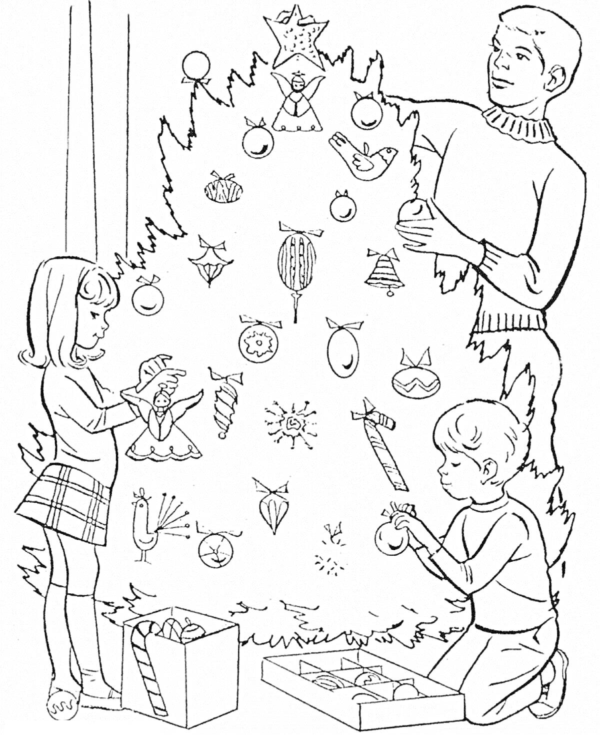На раскраске изображено: Новогодняя елка, Украшение елки, Отец, Подарки, Ёлочные игрушки, Семейный праздник, Новый год, Праздничные украшения