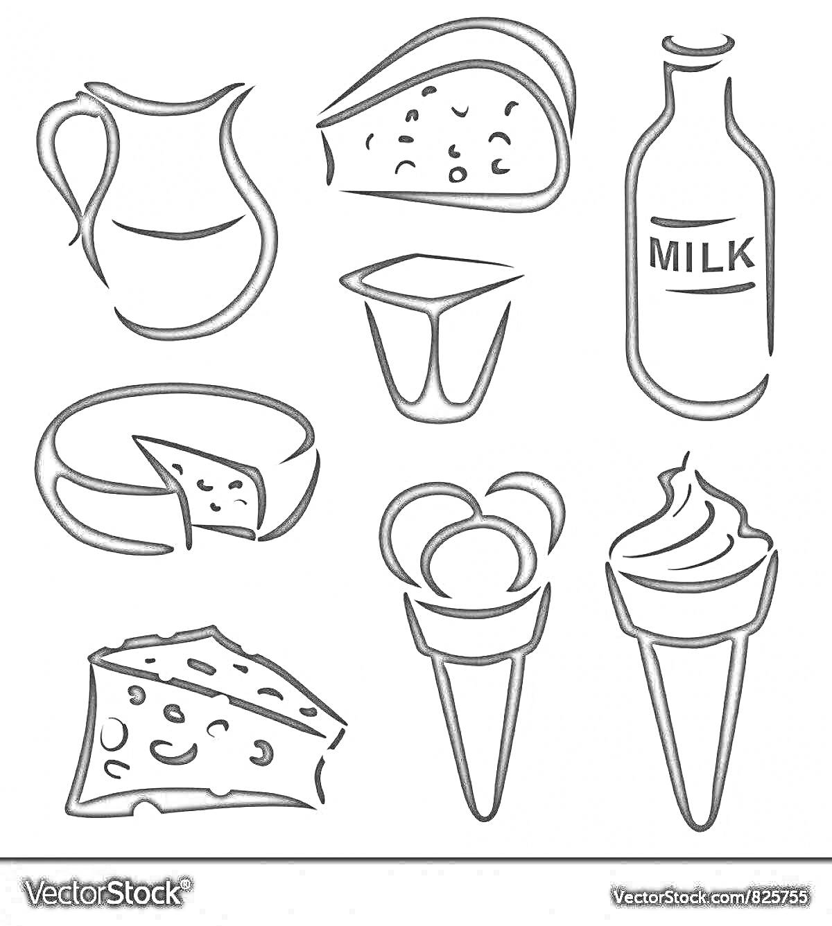 На раскраске изображено: Молочные продукты, Кувшин, Сыр, Молоко, Йогурт, Мороженое, Рожки, Стакан