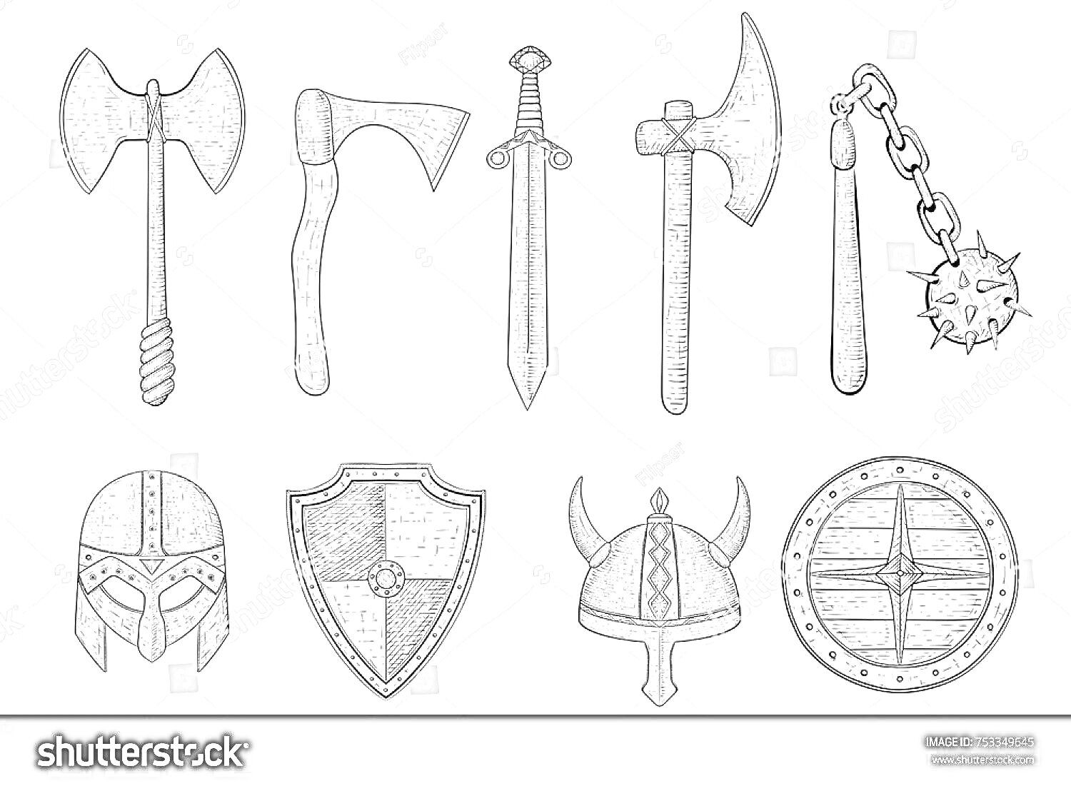 Раскраска Щит богатыря с боевым топором, боевым топориком, мечом, боевым топором с длинным топором, шипастой булавой на цепи, боевым шлемом, боевым щитом, шлемом с рогами и круглым щитом