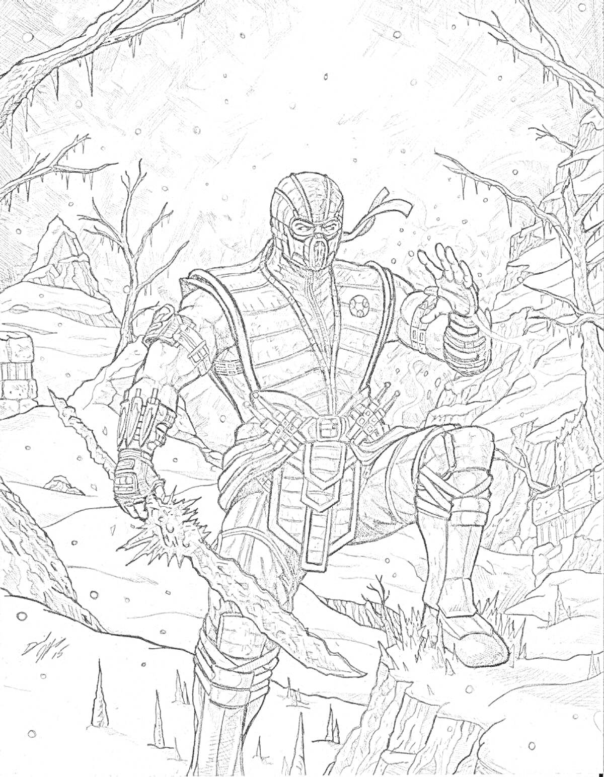 Раскраска Саб-Зиро из Mortal Kombat в заснеженном лесу с ледяным мечом