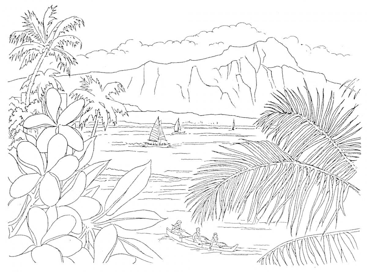 РаскраскаМорской пейзаж с горами, парусниками, каноэ и тропическими деревьями