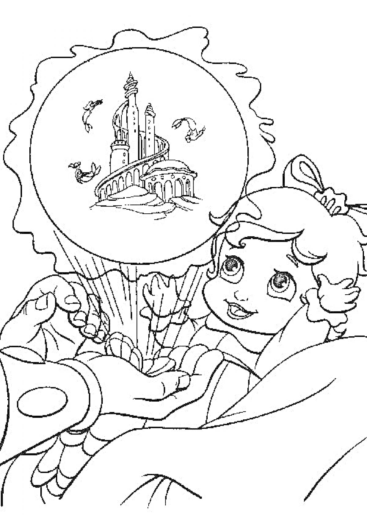 Раскраска Ариэль русалочка с замком и рыбками в магическом шаре, руки, ленты в волосах