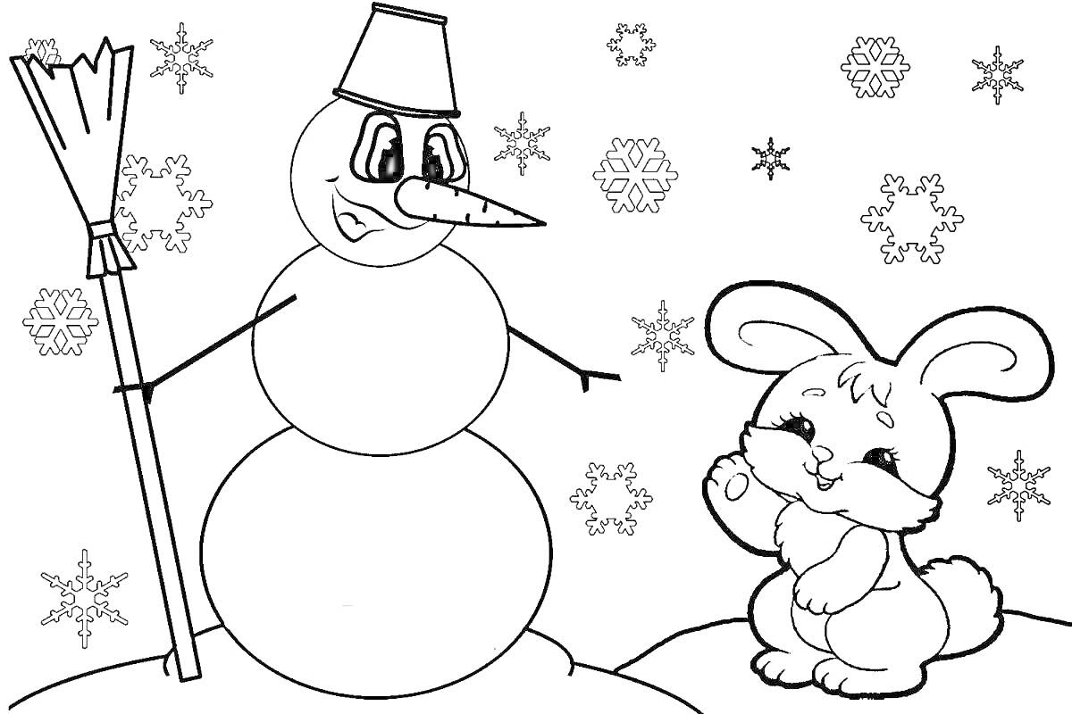 Раскраска Снеговик с метлой и шляпой рядом с зайчиком, снежинки на фоне