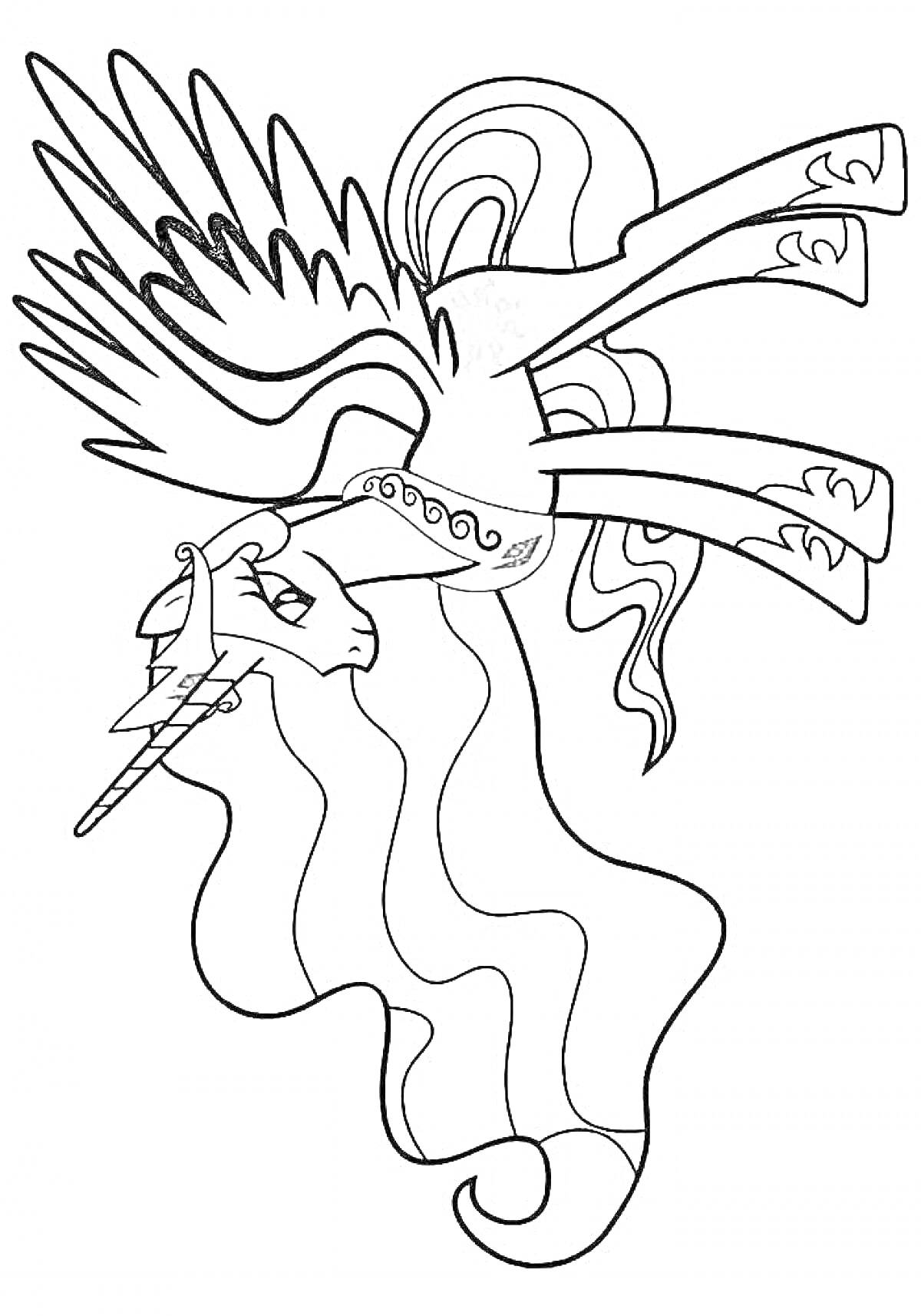 Раскраска Пегас с рогом и крыльями, с длинной гривой и хвостом с узором