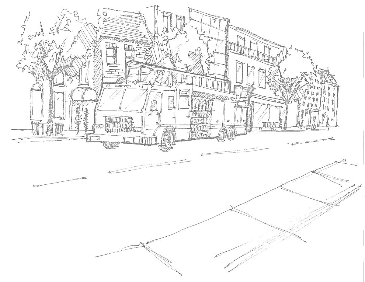 Раскраска Городская улица с припаркованным грузовиком, деревьями и зданиями