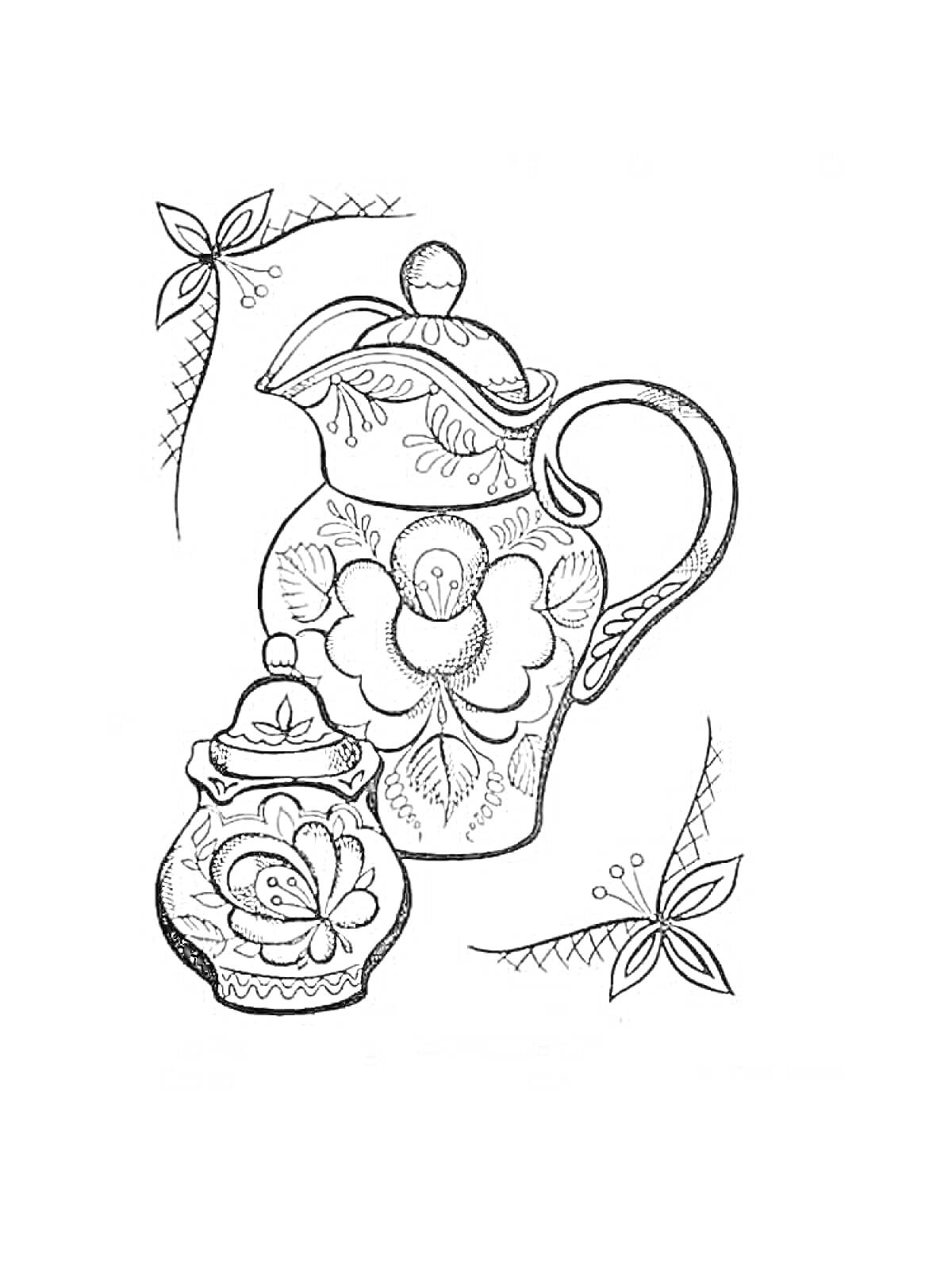 Раскраска Гжельская роспись с кувшином и сахарницей, украшенными цветами и листьями