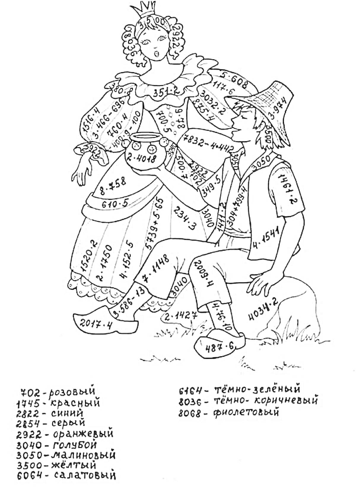 Раскраска Принцесса и фермер в поле, раскраска с математическими заданиями для 4-го класса - умножение и деление