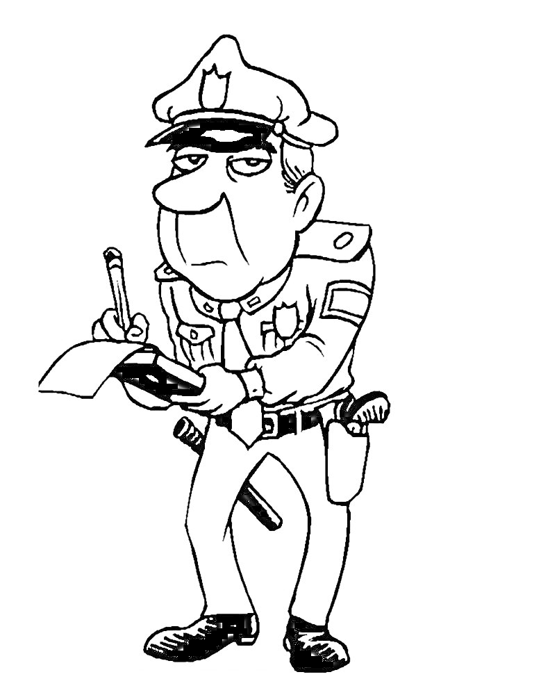 Раскраска Полицейский пишет штраф: офицер в форме с фуражкой, значком, ремнём с кобурой, рацией, фонариком и наручниками, держащий блокнот и карандаш.