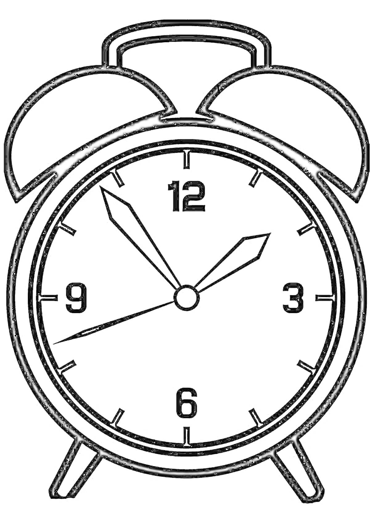 На раскраске изображено: Будильник, Часы, Циферблат, Время, Контурные линии