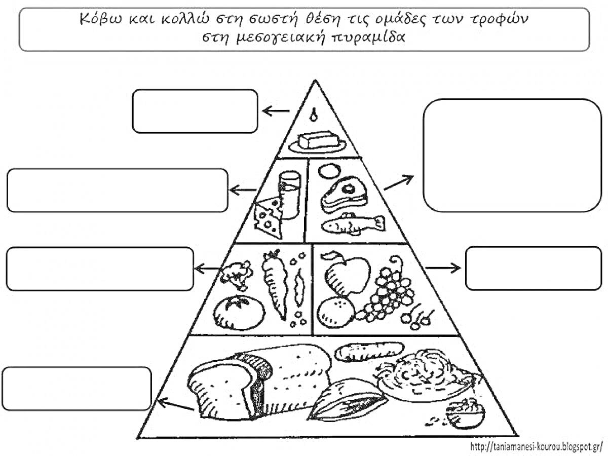 На раскраске изображено: Пищевая пирамида, Овощи, Фрукты, Рыба, Мясо, Молоко, Яйца, Хлеб