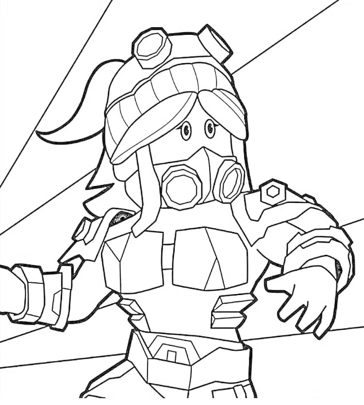 Раскраска Персонаж Роблокс в защитной маске и шлеме с очками, с поднятой рукой в броне, на фоне лучей света
