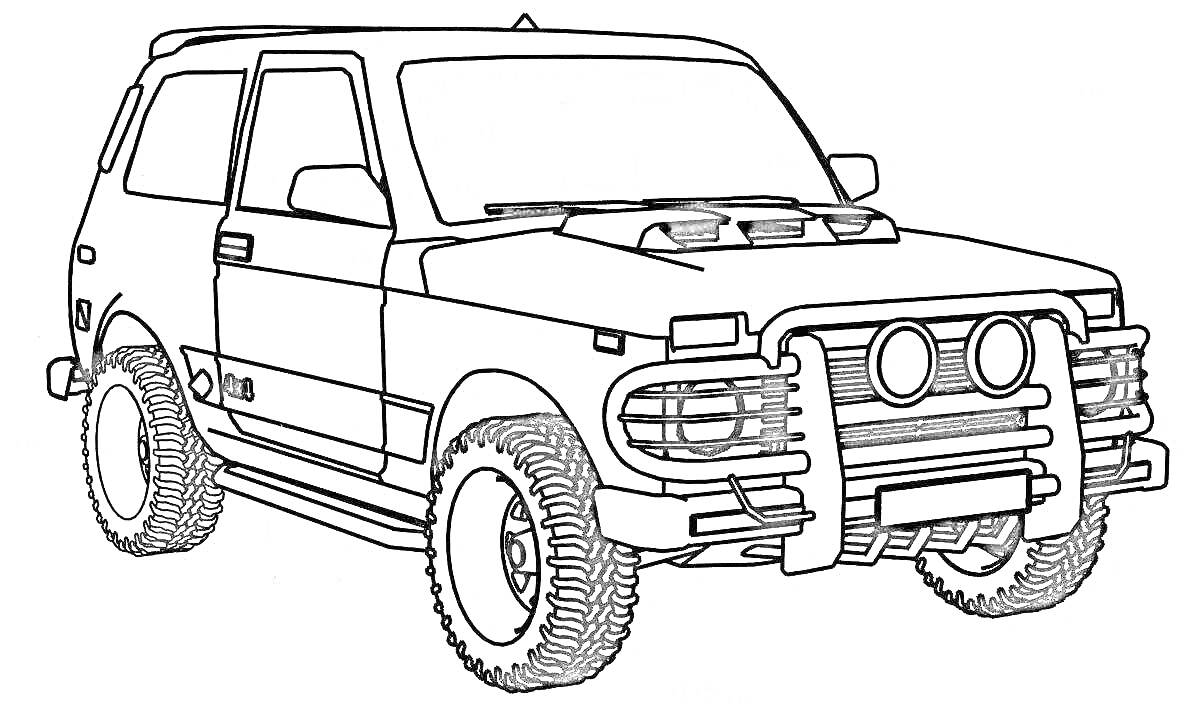 Машина Нива с кенгурятником, двумя дополнительными фарами, боковыми подножками, запасным колесом на задней двери и рельефными шинами