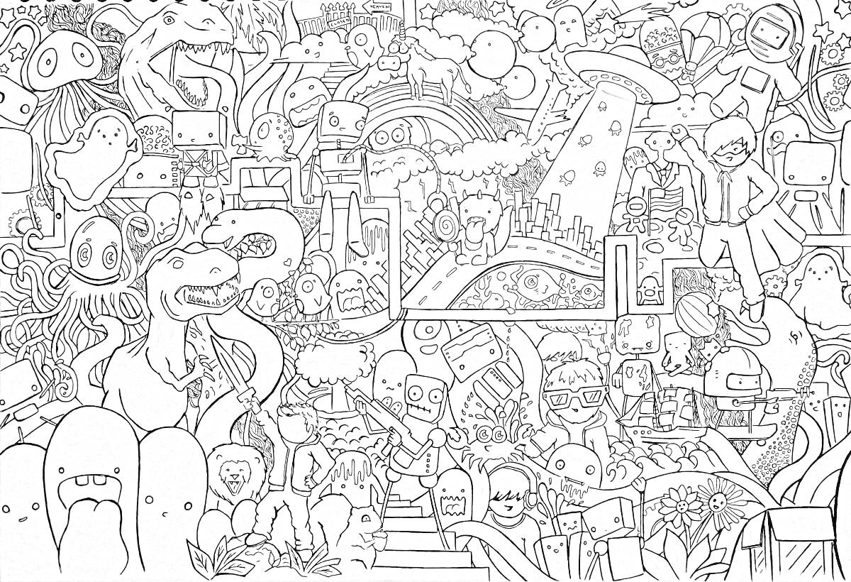 Раскраска Инди-кид веселуха: робот, динозавр, радуга, город, персонажи в шляпах, привидения, осьминог, небо, фигуры, звездопад