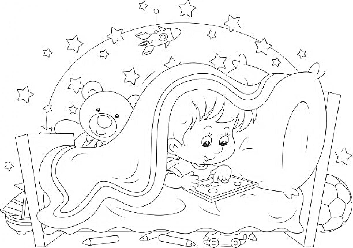 На раскраске изображено: Мальчик, Постель, Планшет, Карандаши, Звезды