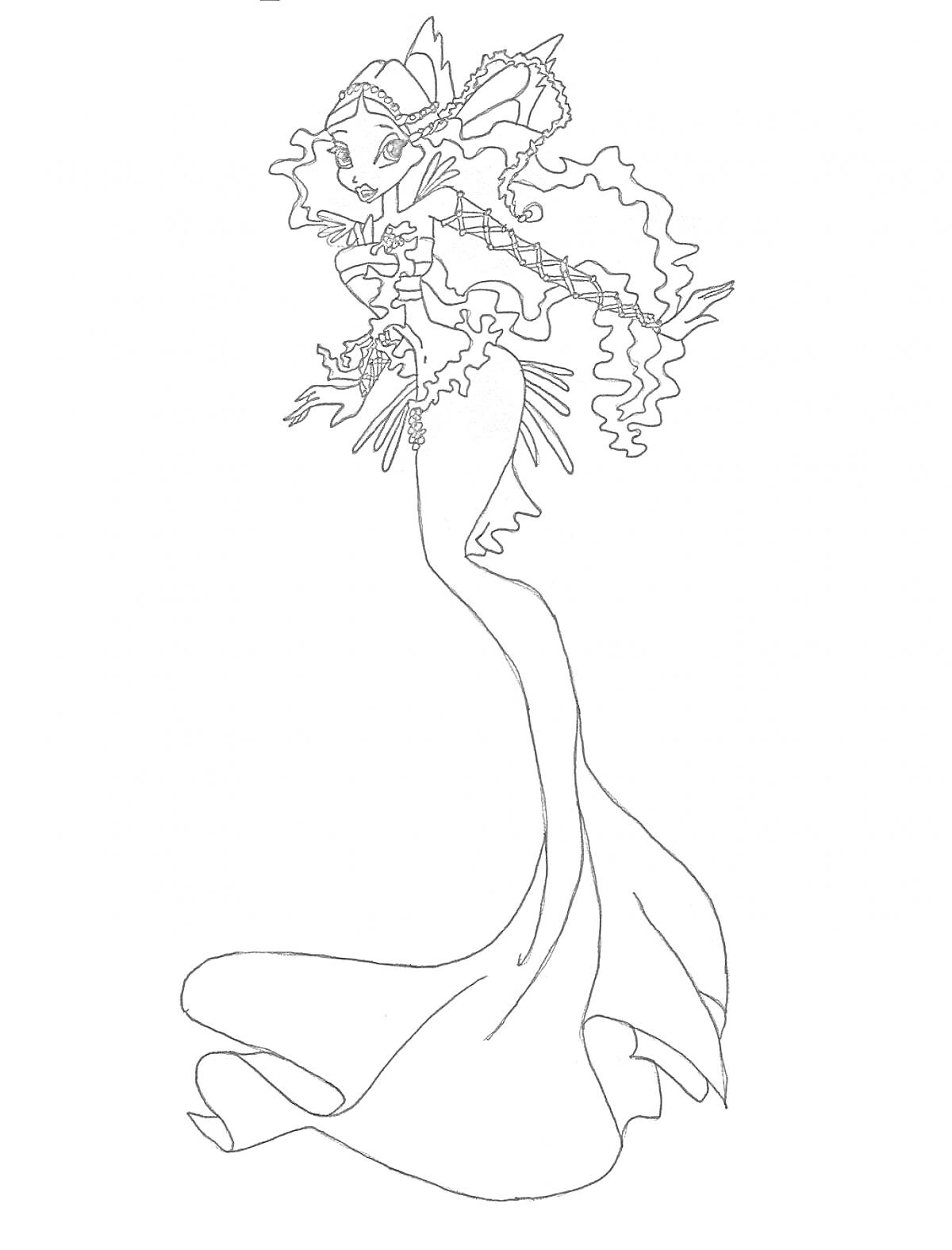 Раскраска Русалка из Винкс с длинными вьющимися волосами и деталями костюма