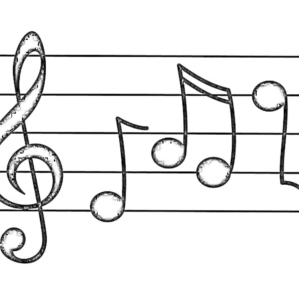 На раскраске изображено: Музыка, Ноты, Нотный стан, Скрипичный ключ
