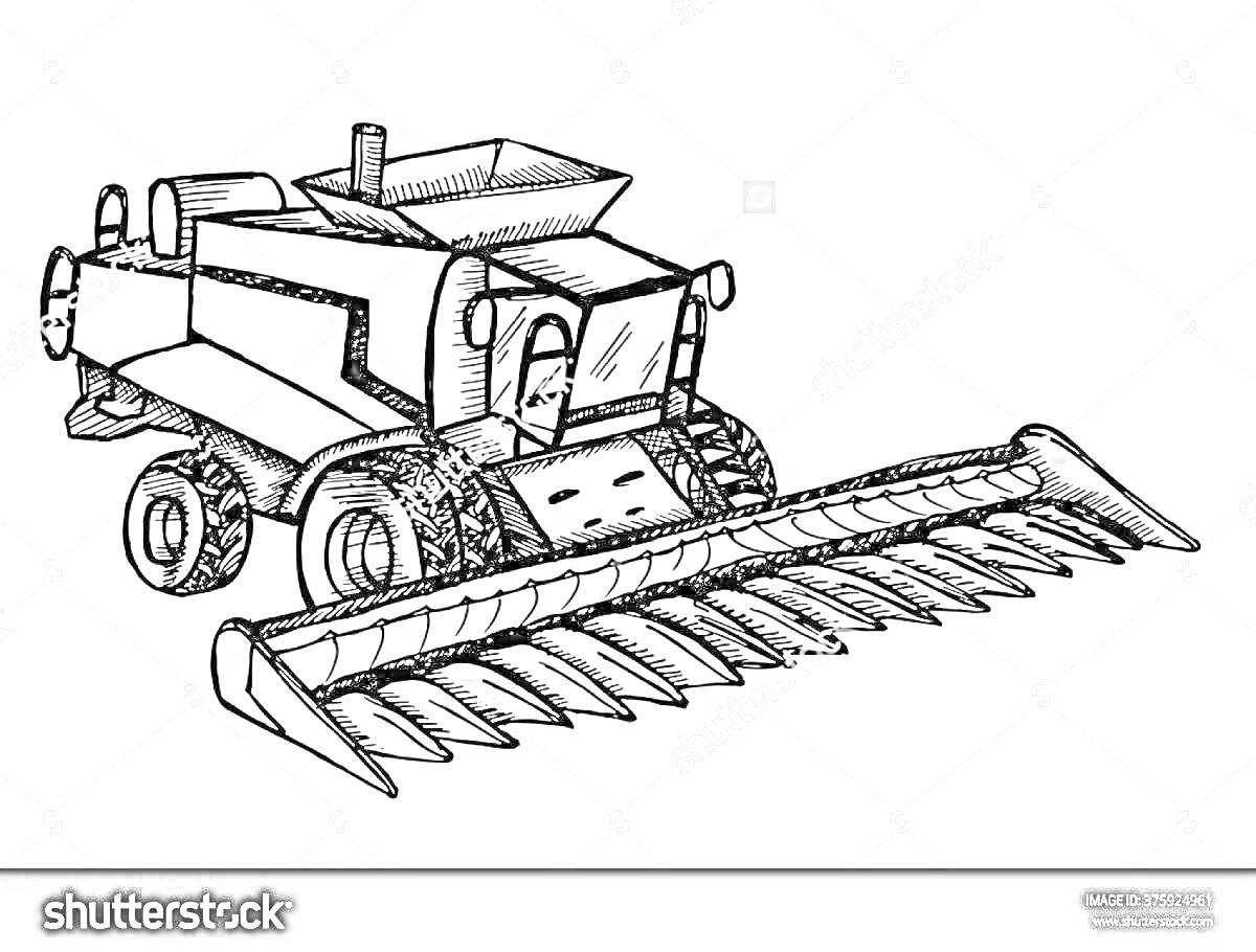Раскраска Комбайн с жаткой, бункером и большими колесами