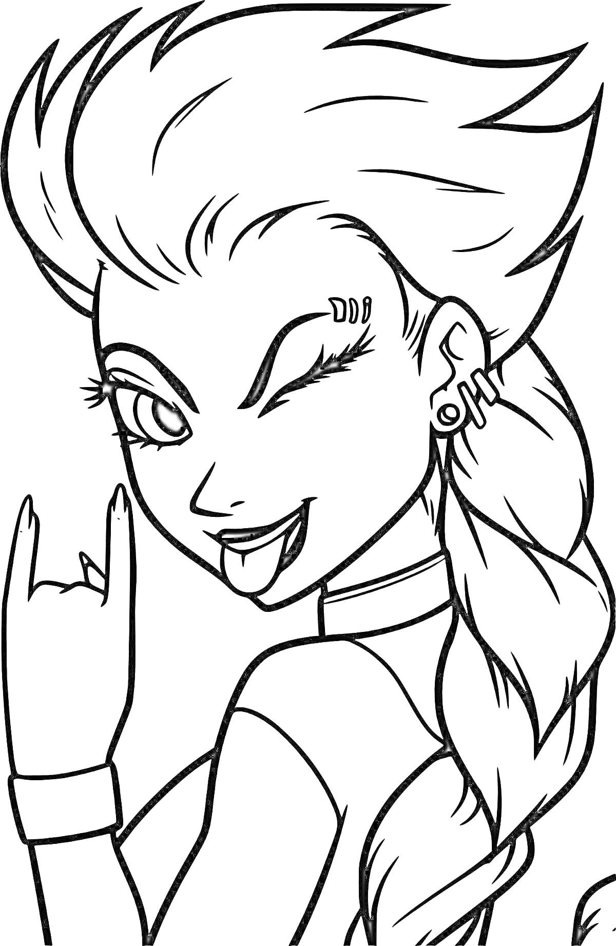 Раскраска Панк-девушка с прической ирокез, пирсингами и жестом 