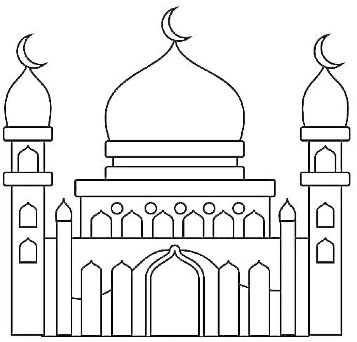 Раскраска Мечеть с куполом и четырьмя минаретами, украшенными полумесяцами