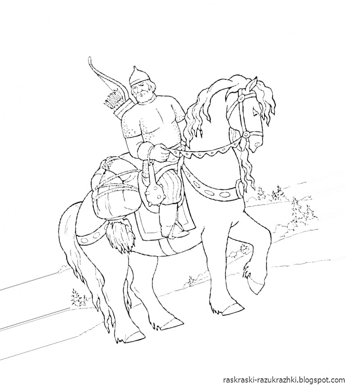 Раскраска Илья Муромец на коне с луком и стрелами