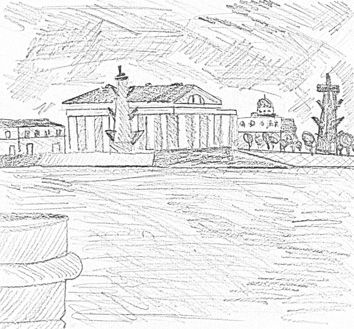 Раскраска Вид на стрелку Васильевского острова в Санкт-Петербурге с Ростральными колоннами и здание Биржи