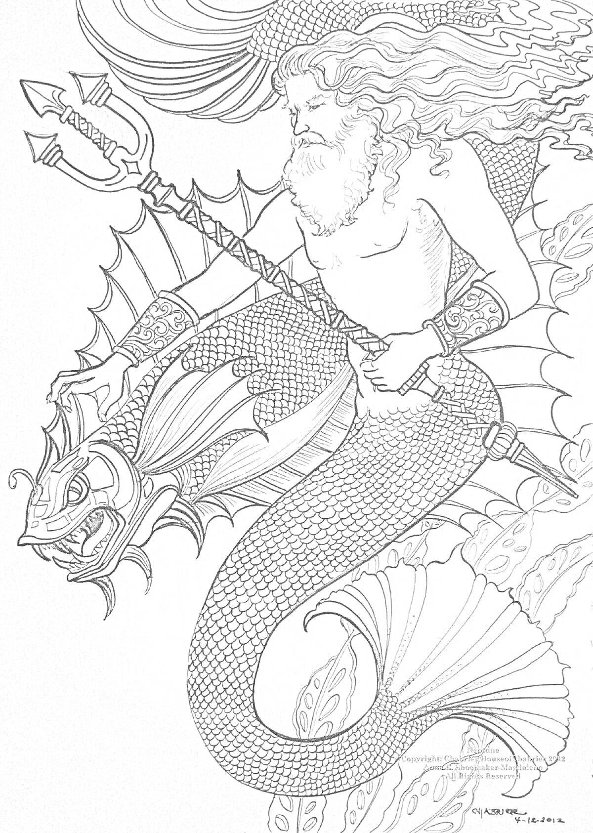 Раскраска Морской царь с трезубцем верхом на морском существе